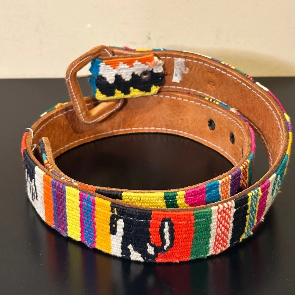 Vintage Artisan Woven Leather Belt Colorful Southwestern  Size 34 (74in)